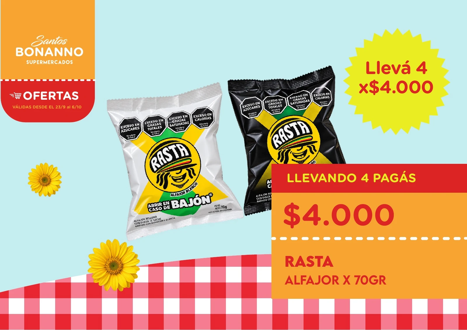Llevá 4 · LLEVANDO 4 PAGÁS $4.000 RASTA ALFAJOR X 70GR